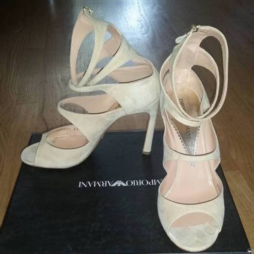 Emporio Armani Suede Strappy Sandals. Nude Heels